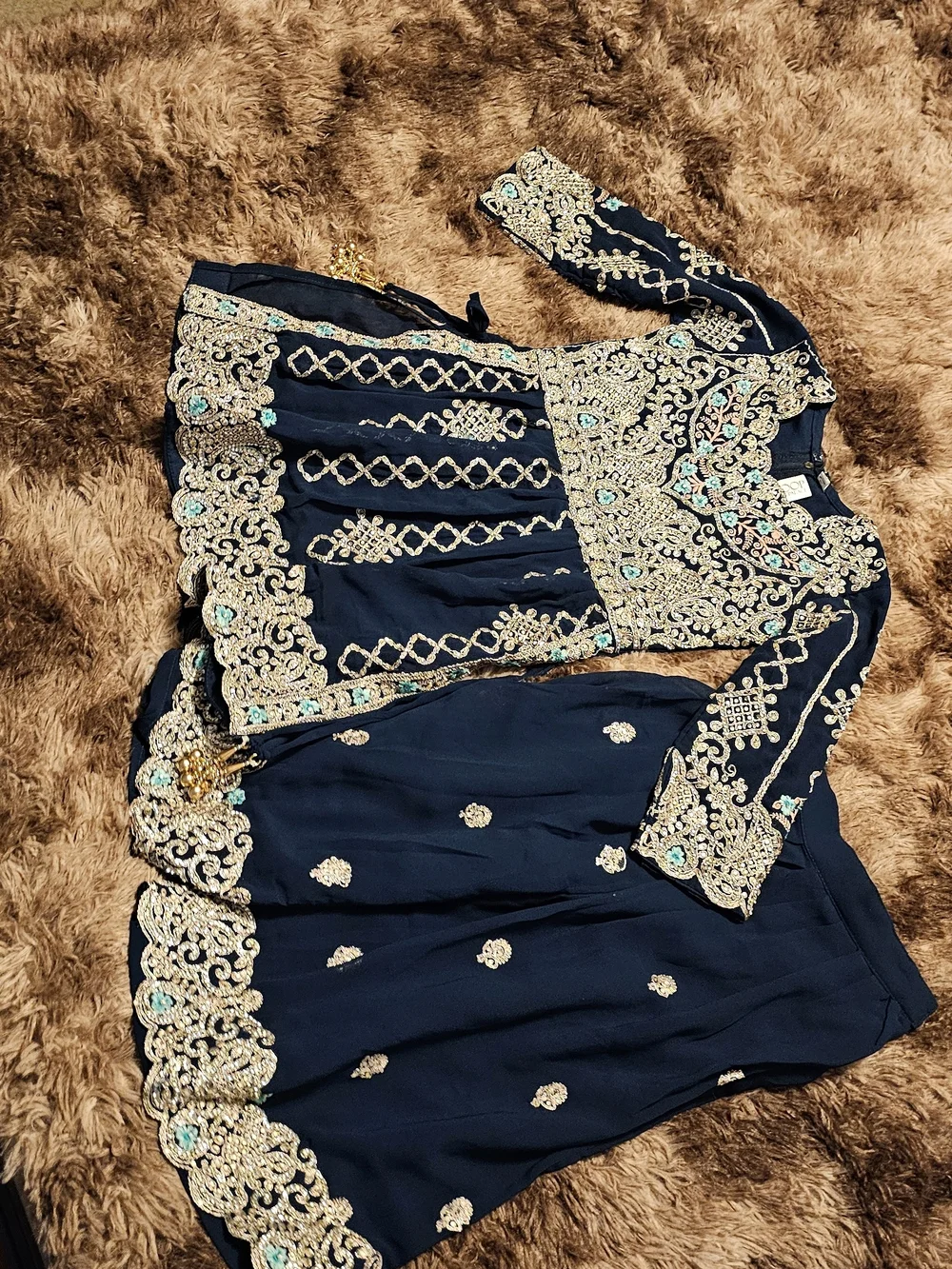 Elegant Navy Blue Kids Matching Set with Gold Embroidery